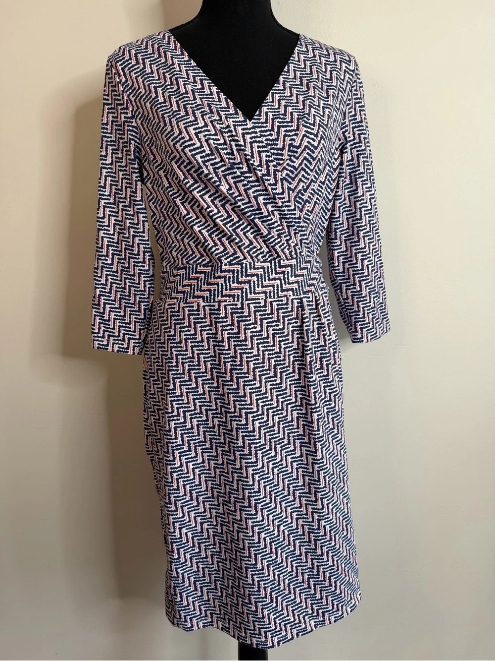 J McLaughlin Sz S Catalina Cloth Faux Wrap Dress 3/4 Sleeve Blue Red Stretch
